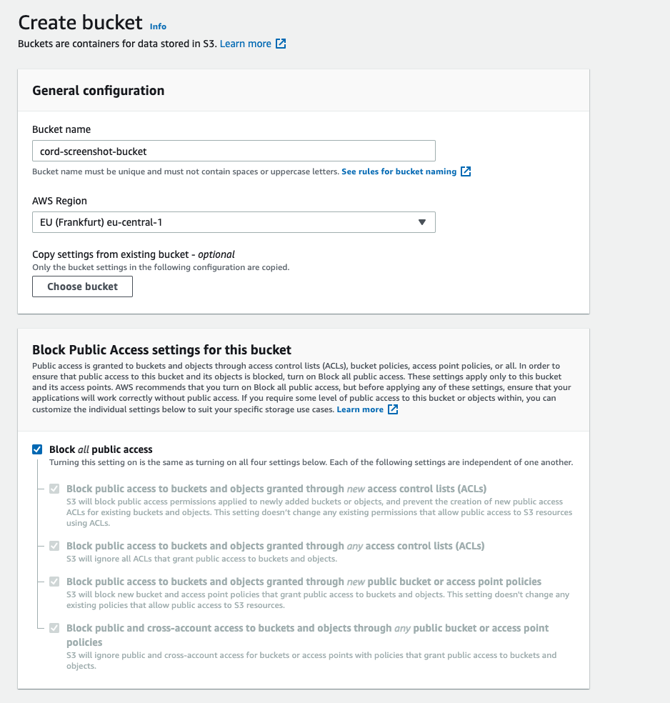 A screenshot of an AWS S3 bucket configuration form