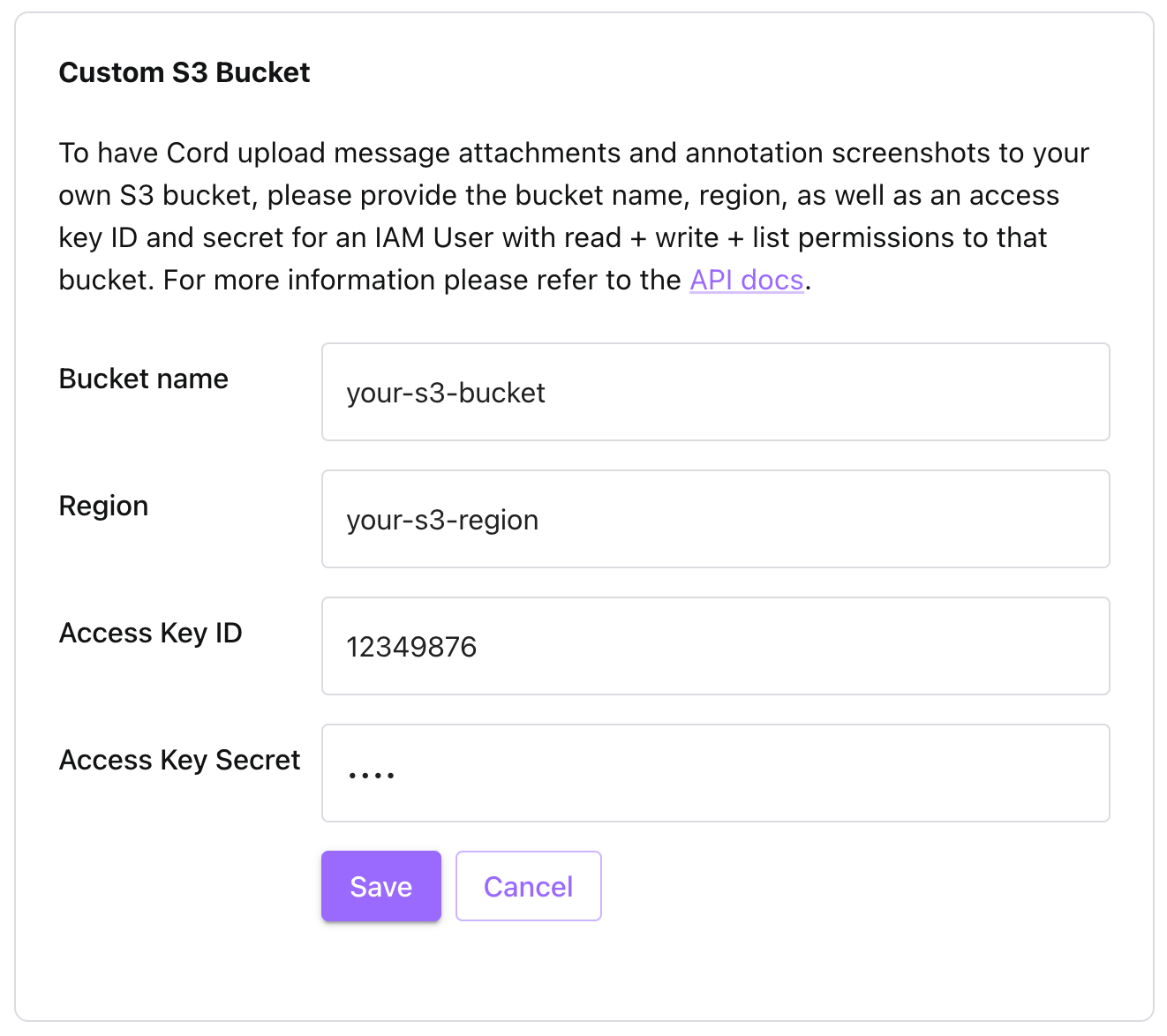 A screenshot of the Cord console configuration screen for entering the S3 details